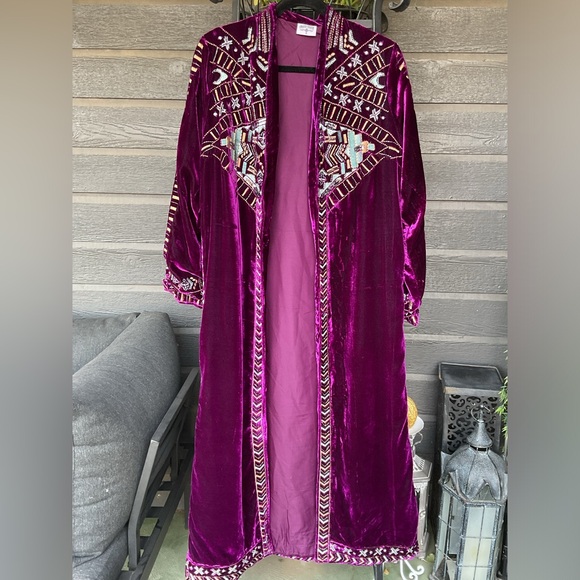Crazy Train Purple Velvet Beaded Embroidered Western Duster Kimono Jacket S - Picture 11 of 16